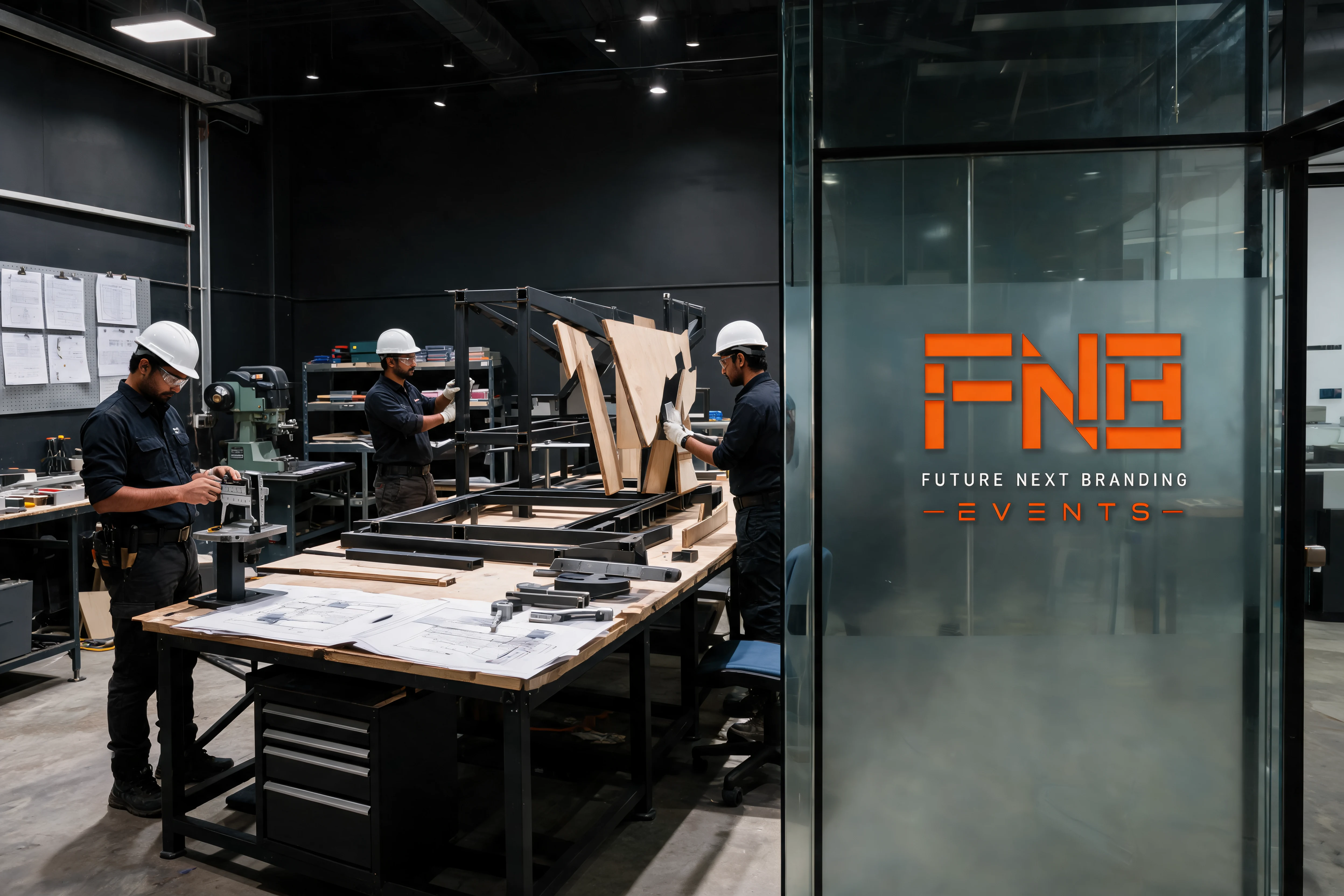 FNB fabrication team assembling a steel and timber structure in the workshop