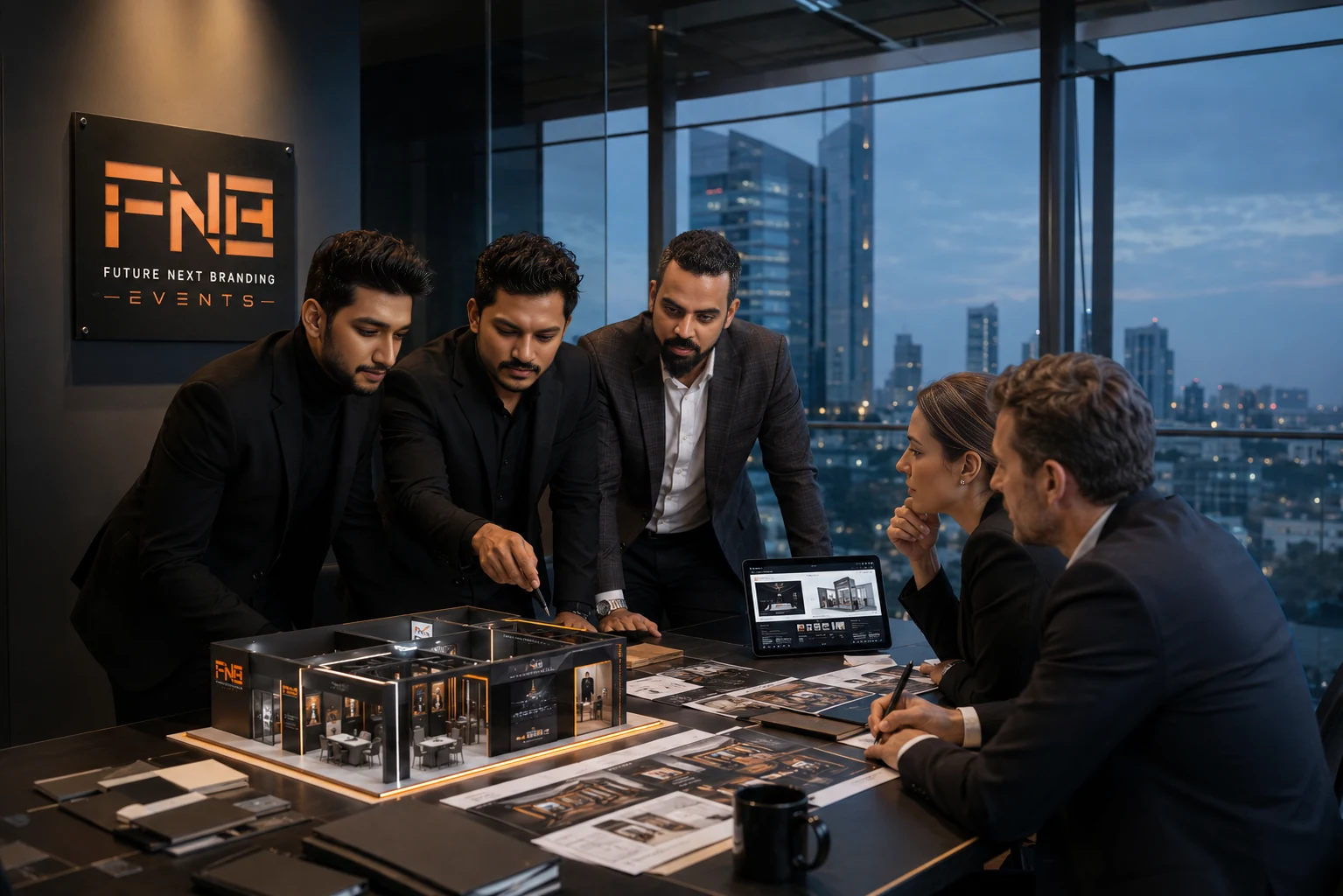 FNB team coordinating a spatial concept around a detailed exhibition model