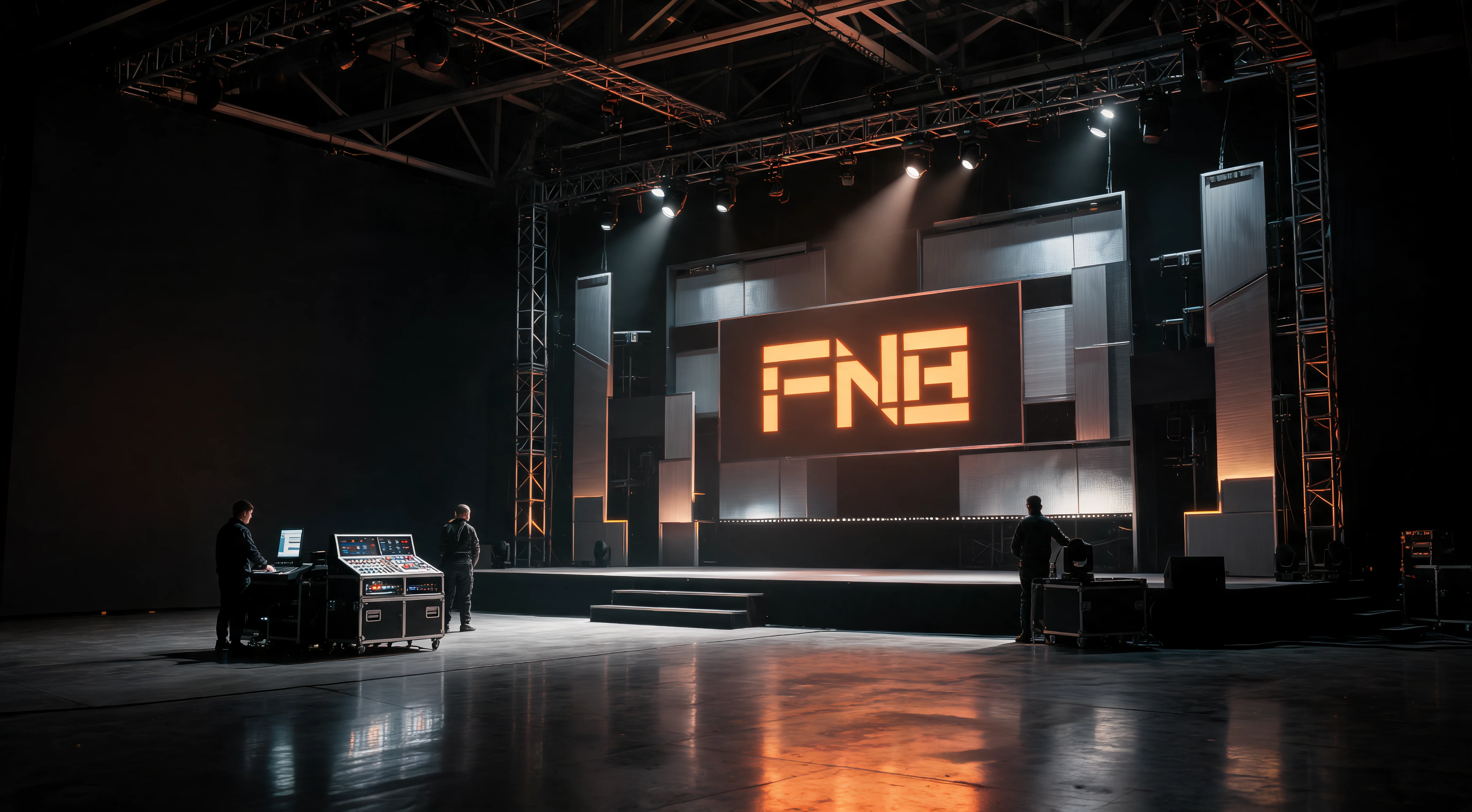 FNB technical crew controlling a lit stage and spatial production environment